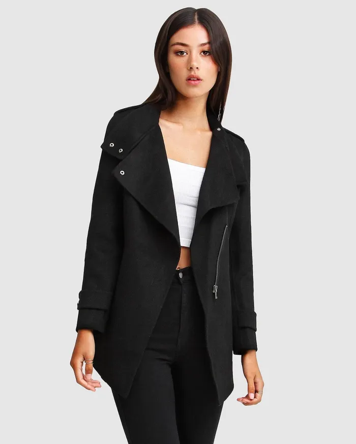 Women Coats and Jackets Belle and Bloom NEW FIT Bad Girl Wool Blend Moto Coat 8211 Black