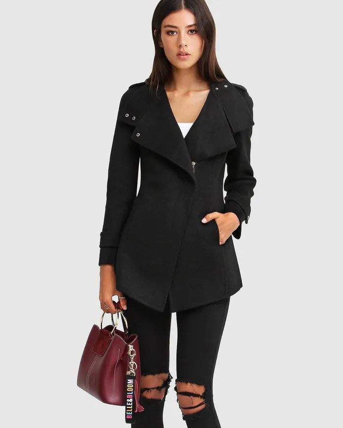 Women Coats and Jackets Belle and Bloom NEW FIT Bad Girl Wool Blend Moto Coat 8211 Black
