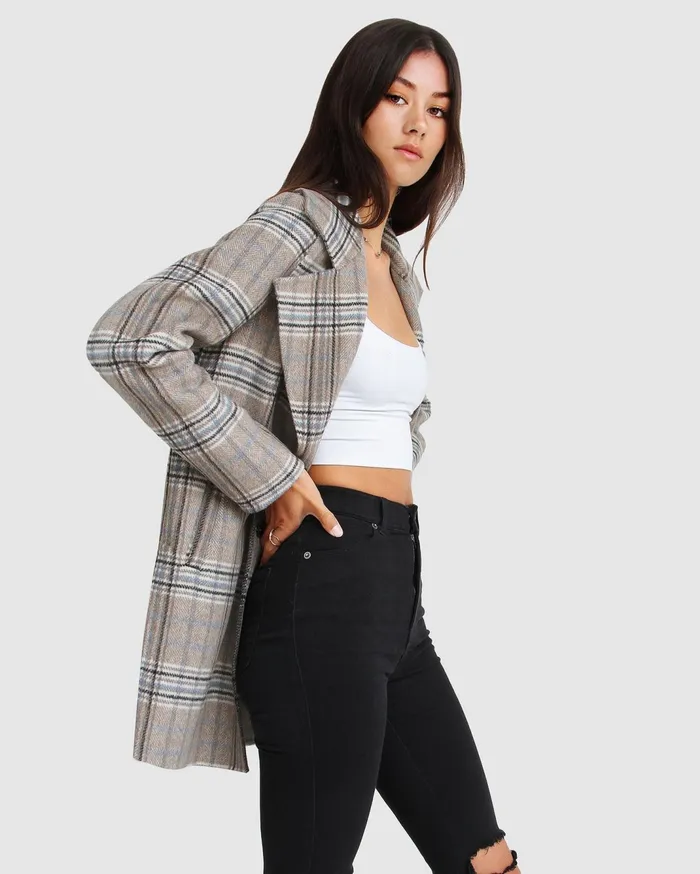 Women Coats and Jackets Belle and Bloom NEW FIT ExBoyfriend Wool Blend Oversized Jacket 8211 Oat Plaid