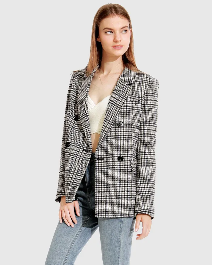 Women Coats and Jackets Belle and Bloom Piccadilly Wool Blend Plaid Blazer 8211 Grey