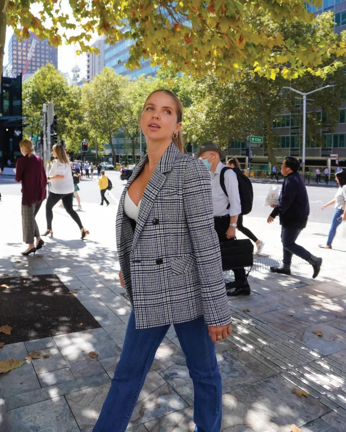 Women Coats and Jackets Belle and Bloom Piccadilly Wool Blend Plaid Blazer 8211 Grey
