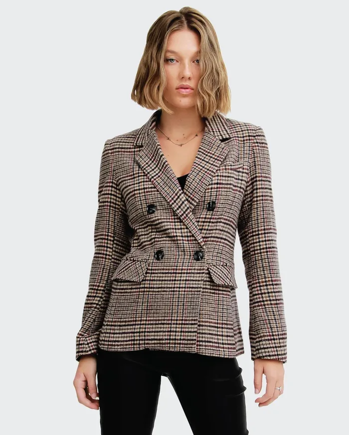 Women Coats and Jackets Belle and Bloom Piccadilly Wool Blend Plaid Blazer 8211 Oat