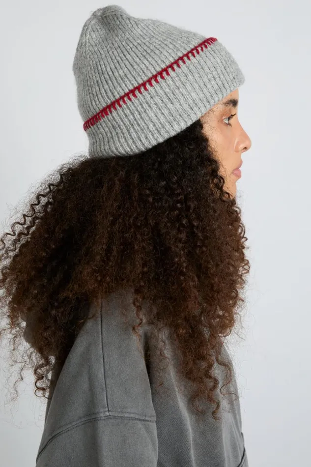 Women Cold Weather Accessories Damson Madder Blanket Stitch Beanie Grey