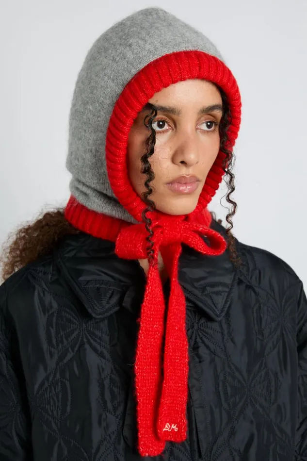 Women Cold Weather Accessories Damson Madder Hood In Grey Marl With Red Tie In Premium Yarn Women Cold Weather Accessories Damson Madder Hood In Grey Marl With Red Tie In Premium Yarn