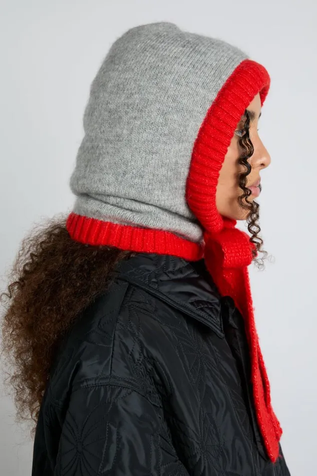 Women Cold Weather Accessories Damson Madder Hood In Grey Marl With Red Tie In Premium Yarn