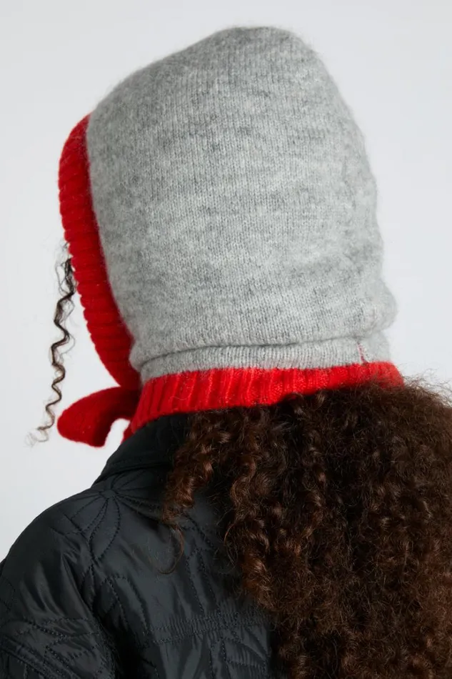 Women Cold Weather Accessories Damson Madder Hood In Grey Marl With Red Tie In Premium Yarn