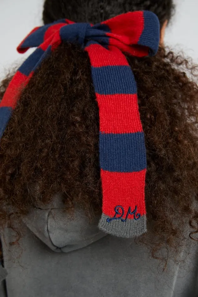Women Cold Weather Accessories Damson Madder Knitted Hair Bow In Stripe 8211 Navy and Red