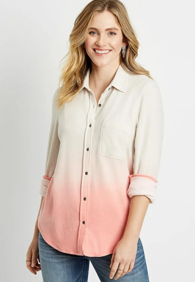 Women Coral Ombre Cozy Knit Flannel Button Down Shirt Maurices Tops