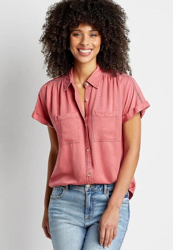 Women Coral Short Sleeve Utility Button Down Shirt Maurices Tops