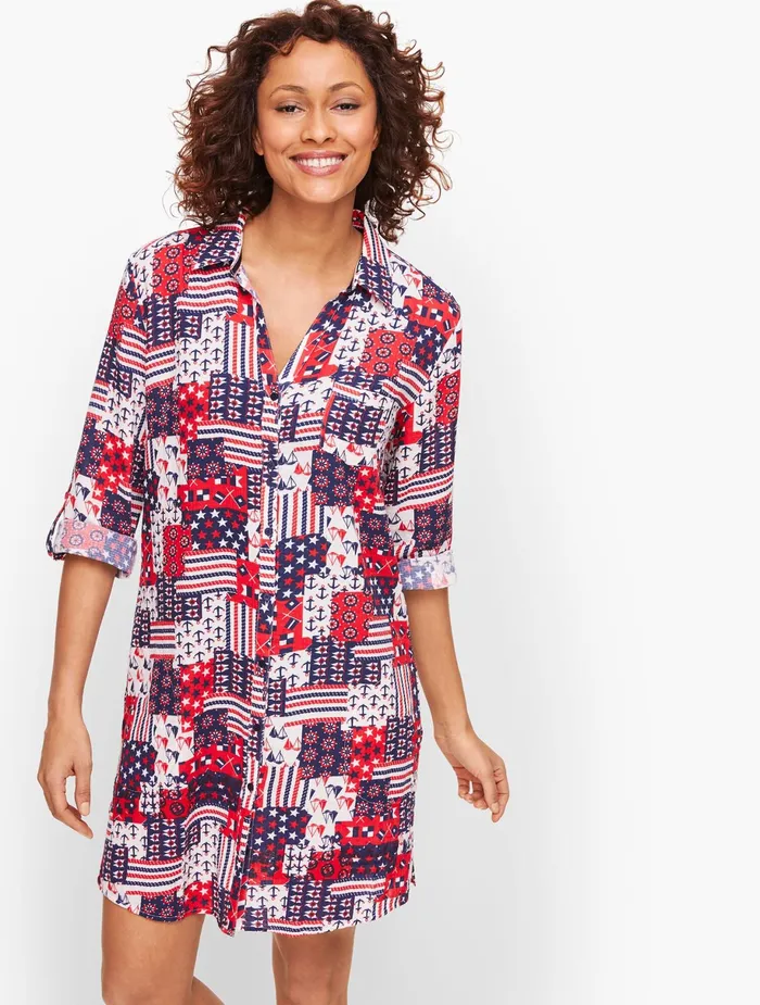Women CoverUps Talbots Crinkle Cotton Beach Shirt White Multi