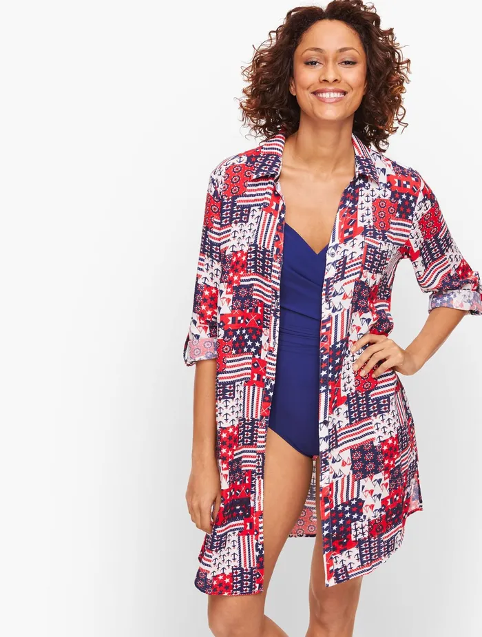 Women CoverUps Talbots Crinkle Cotton Beach Shirt White Multi