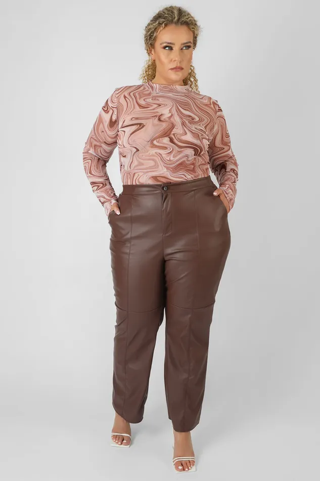 Women Curve Pu Seam Front Split Detail Trousers Chocolate Kaiia Brown Public Desire Trousers