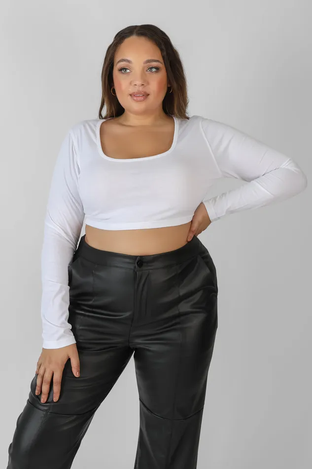 Women Curve Scoop Neck Long Sleeve Crop Top White Kaiia White Public Desire Tops