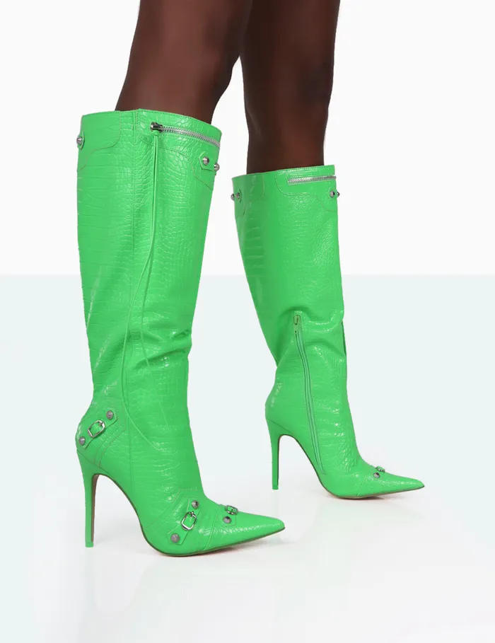 Women Davina Lime Green Croc Pointed Toe Zip Detail Knee High Boots Green Public Desire Long Boots Women Davina Lime Green Croc Pointed Toe Zip Detail Knee High Boots Green Public Desire Long Boots