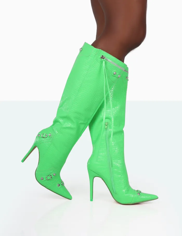 Women Davina Lime Green Croc Pointed Toe Zip Detail Knee High Boots Green Public Desire Long Boots
