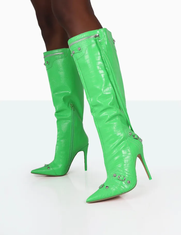 Women Davina Lime Green Croc Pointed Toe Zip Detail Knee High Boots Green Public Desire Long Boots