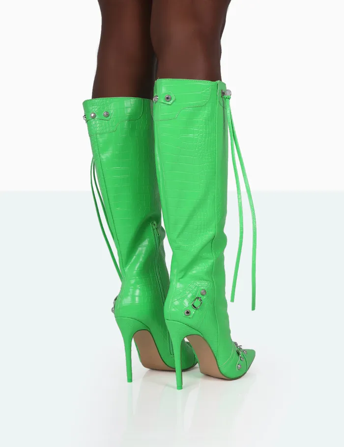 Women Davina Lime Green Croc Pointed Toe Zip Detail Knee High Boots Green Public Desire Long Boots