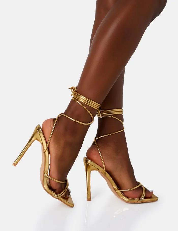 Women Dax Wide Fit Gold Pu Barely There Lace Up Square Toe Stiletto Heels Gold Public Desire Lace Up Heels