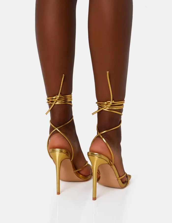 Women Dax Wide Fit Gold Pu Barely There Lace Up Square Toe Stiletto Heels Gold Public Desire Lace Up Heels