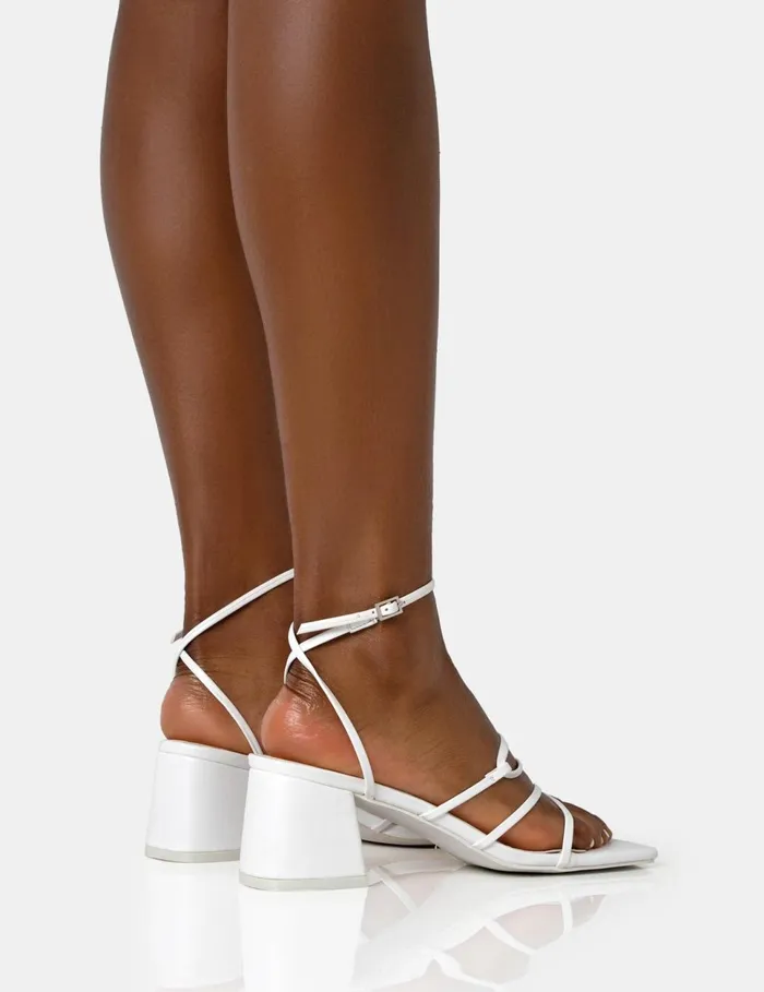 Women Dayla Wide Fit White PU Strappy Square Toe Block Mid Heel Sandals White Public Desire Wide Fit Heels
