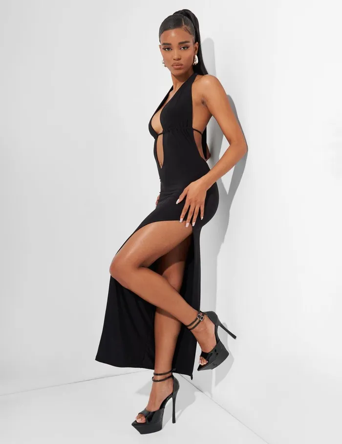Women Deep Plunge Bar Detail Side Split Maxi Dress In Black Black Public Desire Party Women Deep Plunge Bar Detail Side Split Maxi Dress In Black Black Public Desire Party