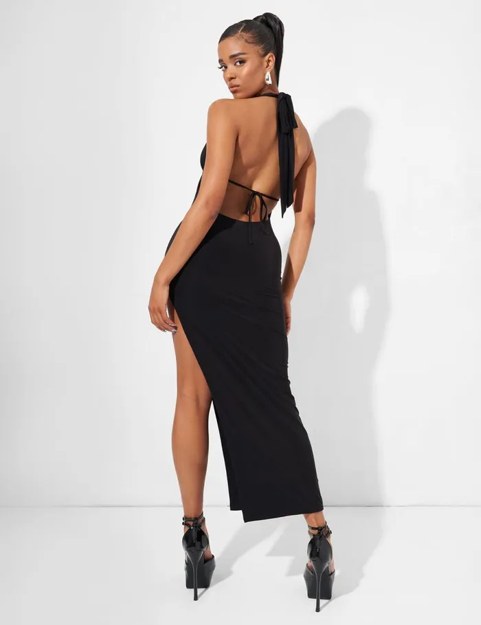 Women Deep Plunge Bar Detail Side Split Maxi Dress In Black Black Public Desire Party