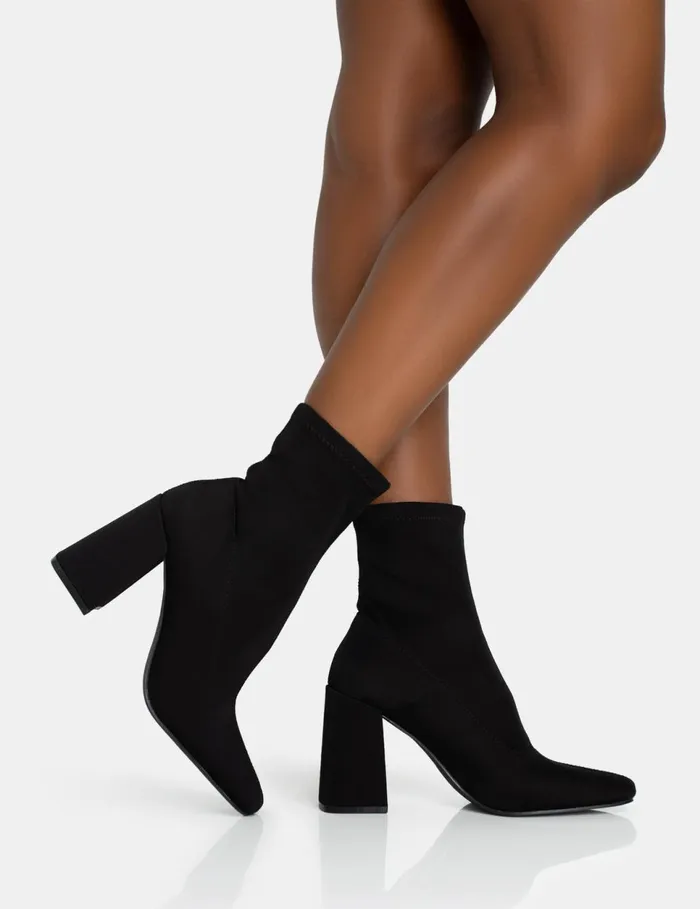 Women Delani Black Neoprene Zip Up Rounded Pointed Toe Block Heel Ankle Boots Black Public Desire Ankle Boots