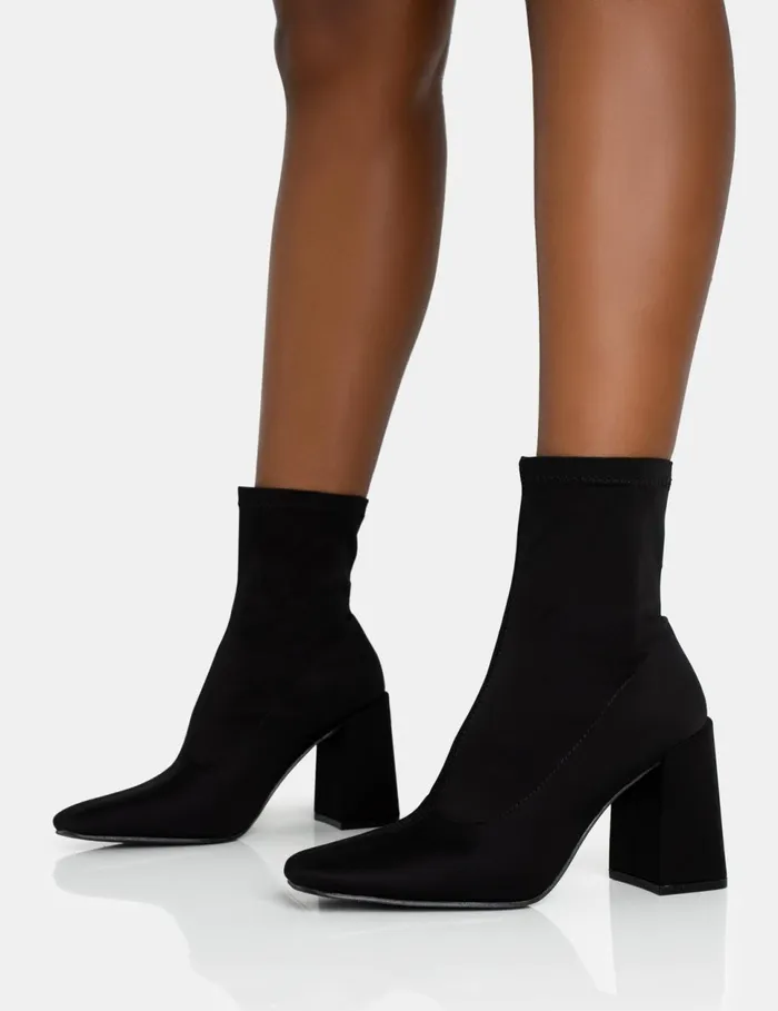 Women Delani Black Neoprene Zip Up Rounded Pointed Toe Block Heel Ankle Boots Black Public Desire Ankle Boots