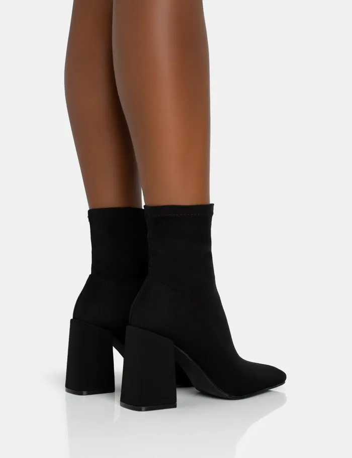 Women Delani Black Neoprene Zip Up Rounded Pointed Toe Block Heel Ankle Boots Black Public Desire Ankle Boots