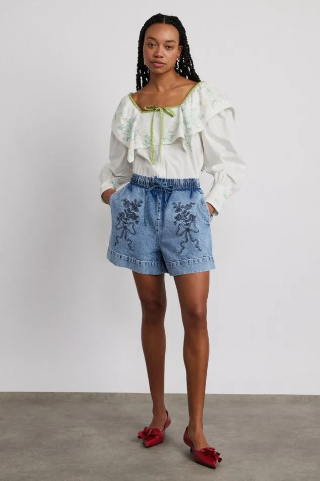 Women Denim Damson Madder Rafe Shorts 8211 Bow Embroidery