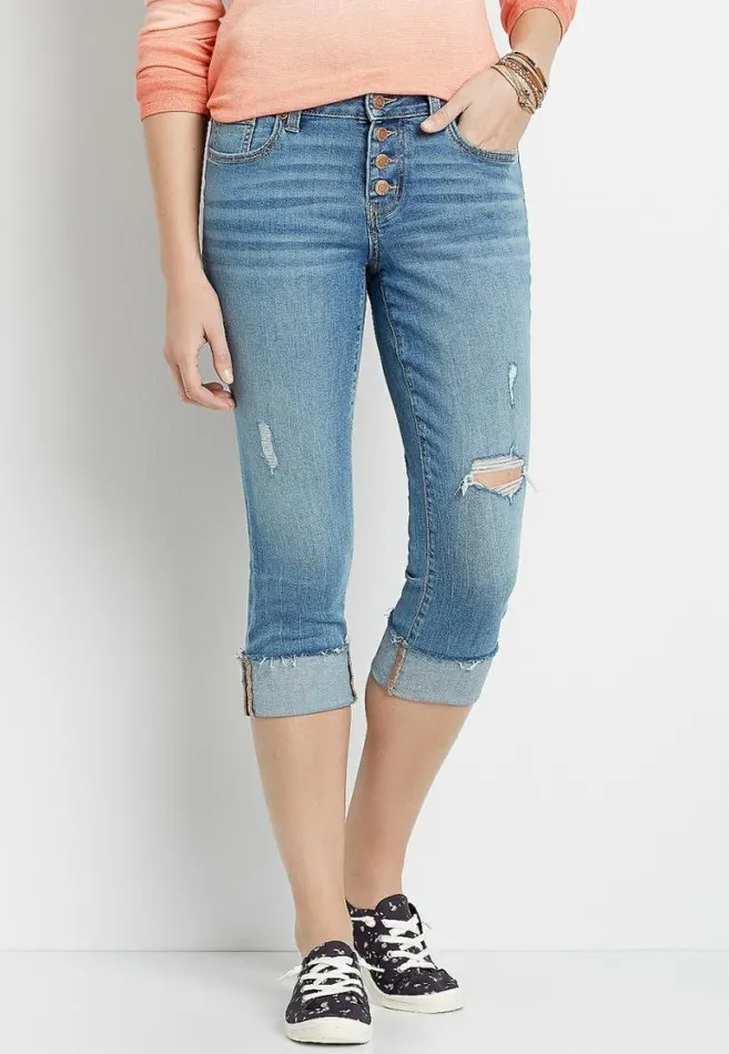 Women Denimflex Medium Destructed Button Fly Cuffed Capri Maurices Bottoms