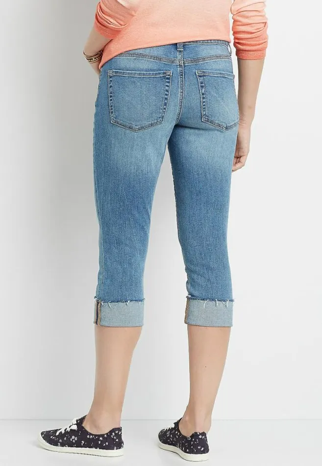 Women Denimflex Medium Destructed Button Fly Cuffed Capri Maurices Bottoms