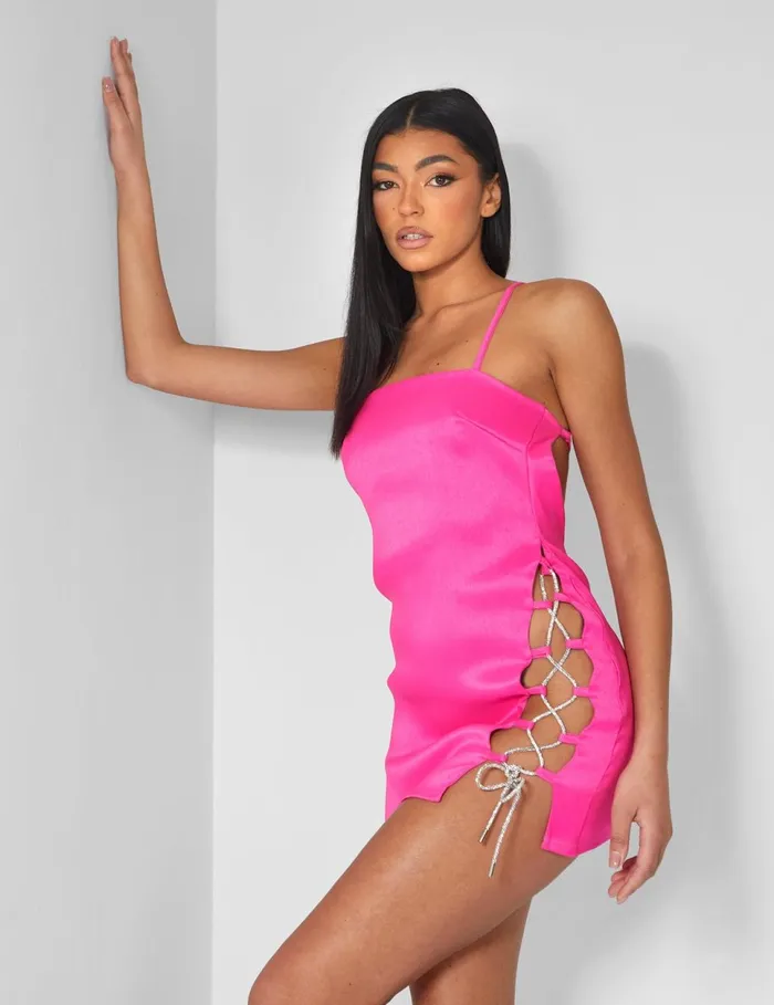Women Diamante Rope Square Neck Mini Dress Pink Pink Public Desire Metallics