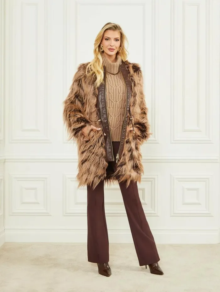 Women Dinah Shaggy Coat Dark Bourbon With Classic Marciano Jackets Women Dinah Shaggy Coat Dark Bourbon With Classic Marciano Jackets