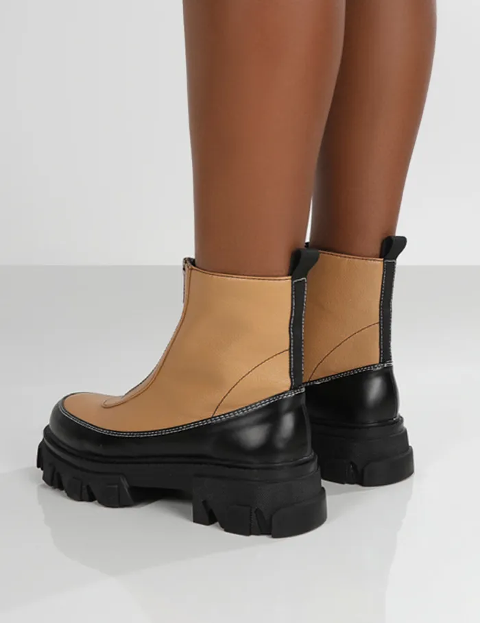 Women Direction Zip Front Chunky Sole Ankle Boot Brown Public Desire Ankle Boots