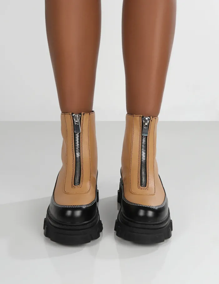 Women Direction Zip Front Chunky Sole Ankle Boot Brown Public Desire Ankle Boots