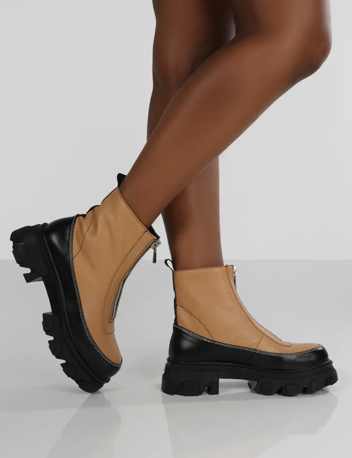 Women Direction Zip Front Chunky Sole Ankle Boot Brown Public Desire Ankle Boots