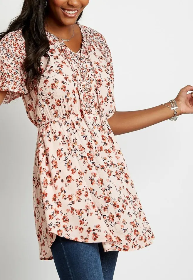 Women Ditsy Floral Lace Up Tunic Top Maurices Tops