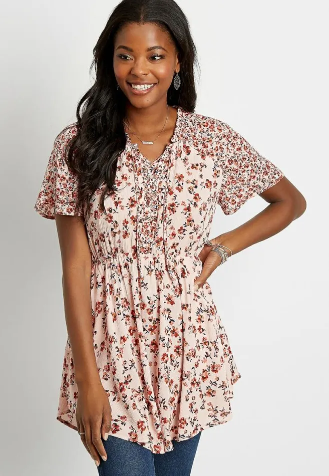 Women Ditsy Floral Lace Up Tunic Top Maurices Tops