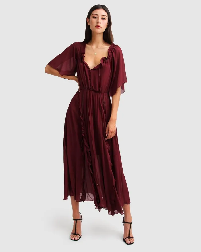 Women Dresses Belle and Bloom Amour Amour Ruffled Midi Dress 8211 Burgundy