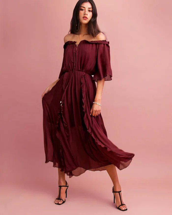 Women Dresses Belle and Bloom Amour Amour Ruffled Midi Dress 8211 Burgundy