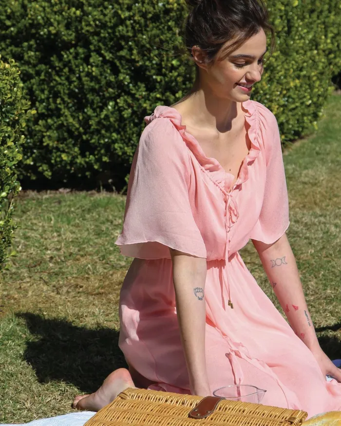 Women Dresses Belle and Bloom Amour Amour Ruffled Midi Dress 8211 Desert Rose FINAL SALE