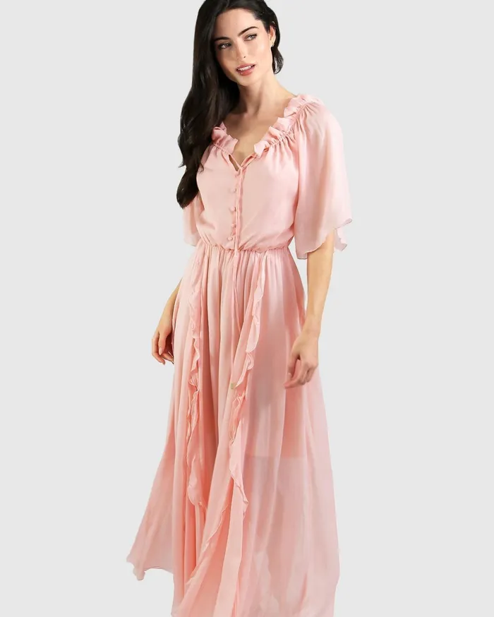 Women Dresses Belle and Bloom Amour Amour Ruffled Midi Dress 8211 Desert Rose FINAL SALE