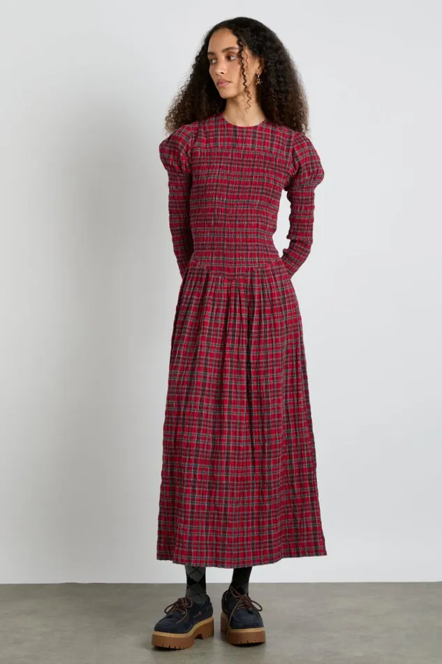 Women Dresses Damson Madder Alice Shirred Midi Dress Red Check