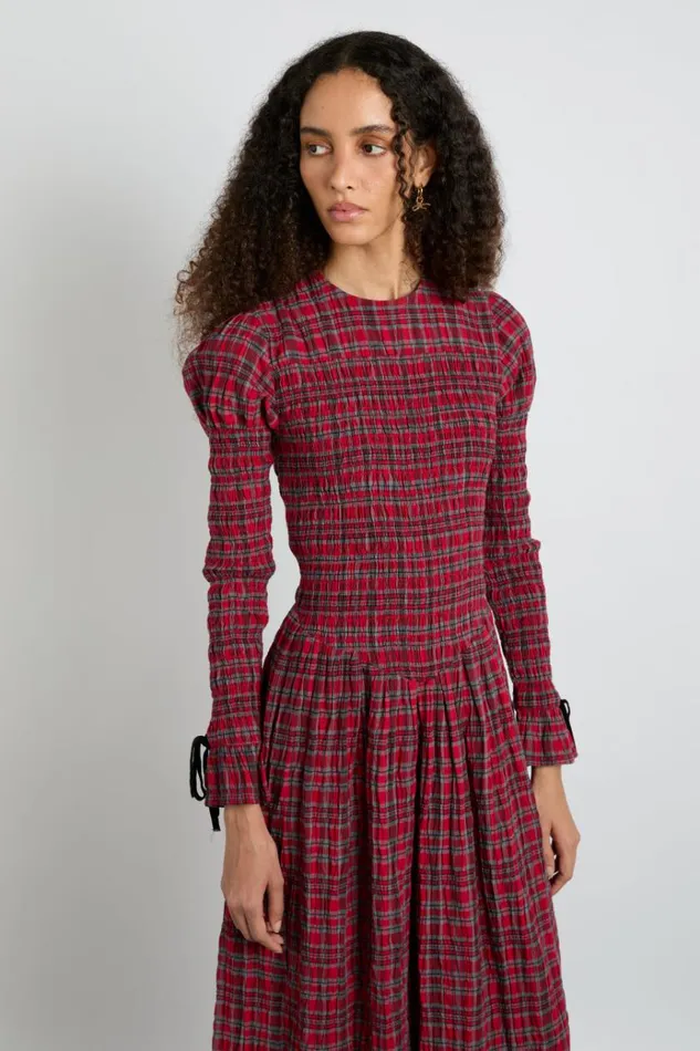 Women Dresses Damson Madder Alice Shirred Midi Dress Red Check
