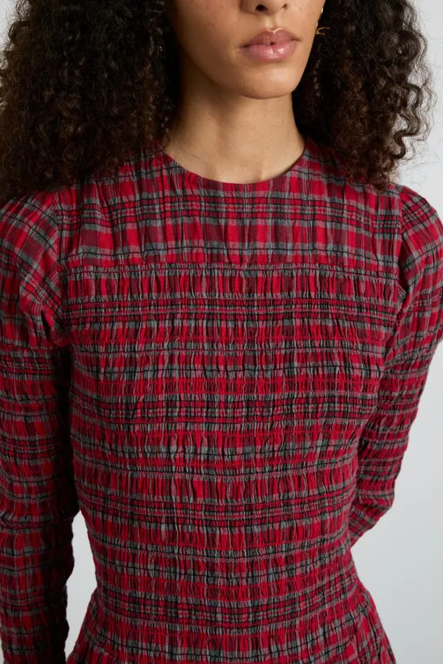 Women Dresses Damson Madder Alice Shirred Midi Dress Red Check