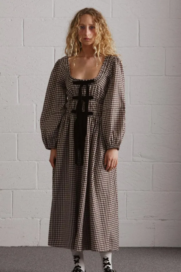 Women Dresses Damson Madder Dakota Bow Midi Dress 8211 Chocolate Check