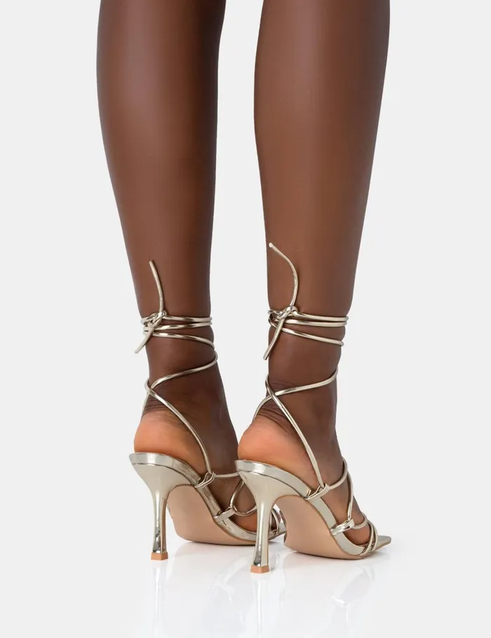 Women Duet Wide Fit Gold Knot Strappy Lace Up Square Toe Mid Heels Gold Public Desire Wedding