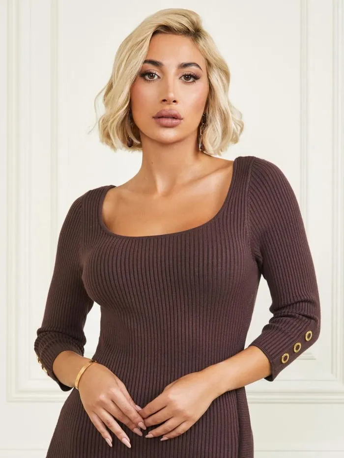 Women Eco Flora Ribbed Sweater Dress Dark Bourbon Marciano Dresses Women Eco Flora Ribbed Sweater Dress Dark Bourbon Marciano Dresses