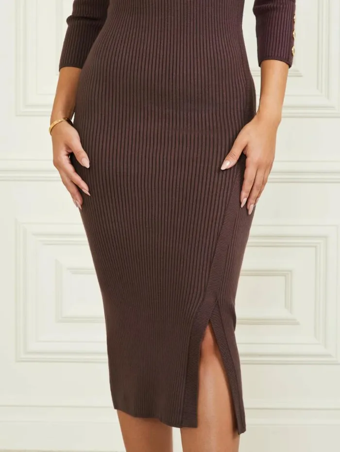 Women Eco Flora Ribbed Sweater Dress Dark Bourbon Marciano Dresses Women Eco Flora Ribbed Sweater Dress Dark Bourbon Marciano Dresses